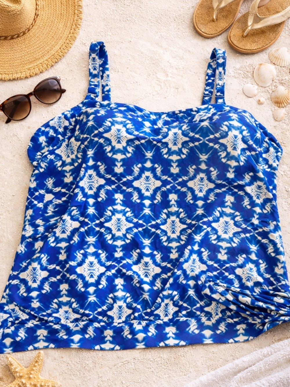 Swimsuits For All Plus  26 Tankini Top Blue White Tie Dye Flowy Swim Adjustable